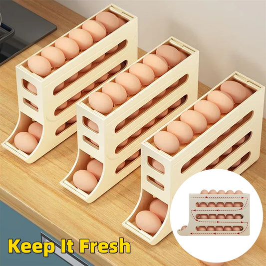 4-Layer Automatic Egg Roller Tray | Fridge Egg Holder ✨