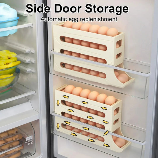 4-Layer Automatic Egg Roller Tray | Fridge Egg Holder ✨